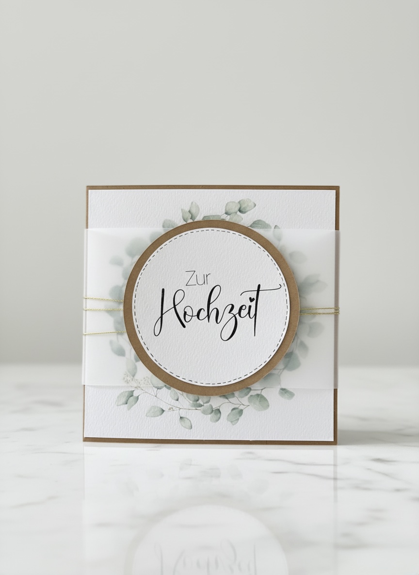 Glückwunschkarte "Eukalyptus & Gold" – Quadratisch mit Transparent-Schieber